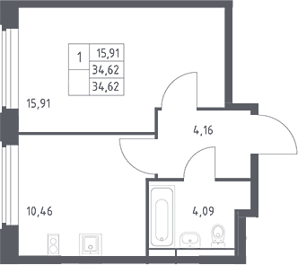 1-комн., 34.62 м², 2/17 этаж, ЖК «Космический Квартал»