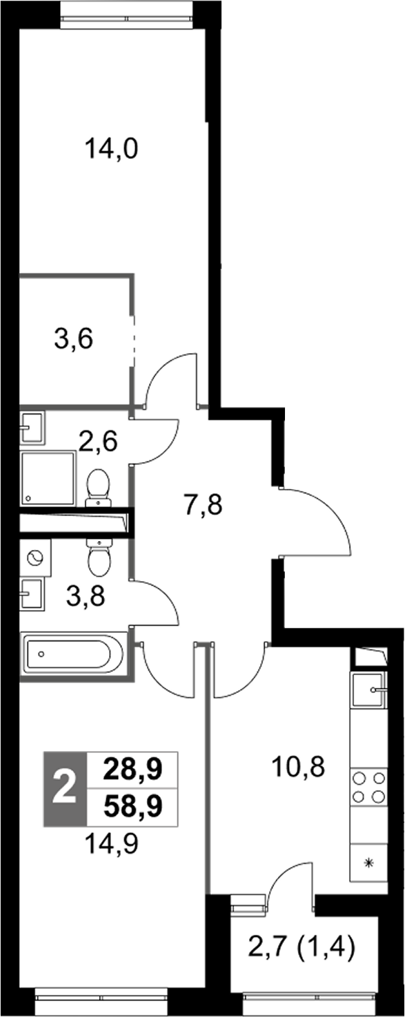 2-комн., 57.5 м², 18/23 этаж, ЖК «Скай Гарден»