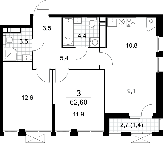 3-комн., 61.2 м², 18/18 этаж, ЖК «Бунинские кварталы»
