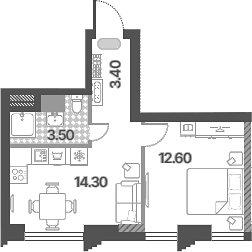 2-комн., 33.8 м², 24/58 этаж, ЖК «Обручева 30»