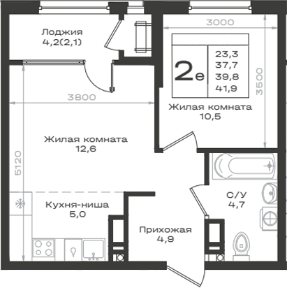 2-комн., 37.7 м², 10/12 этаж, ЖК «Нагория»