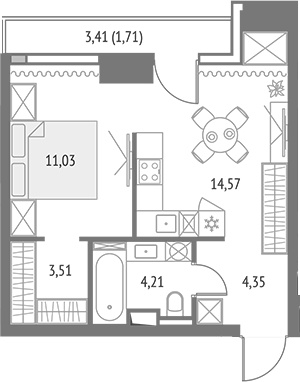 2-комн., 37.67 м², 21/46 этаж, ЖК «Апсайд Тауэрс»