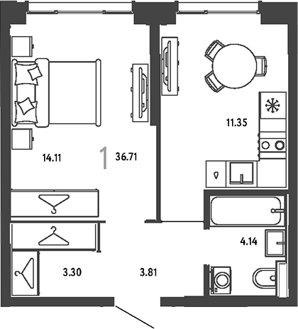1-комн., 36.71 м², 6/25 этаж, ЖК «Страна.Парковая»