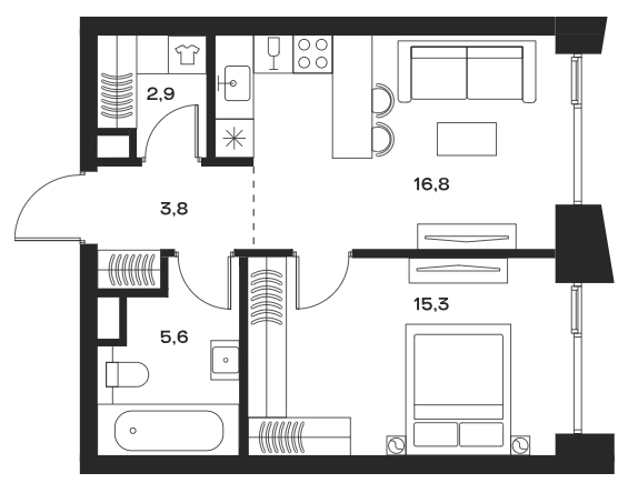 2-комн., 44.4 м², 3/27 этаж, ЖК «СОУЛ»