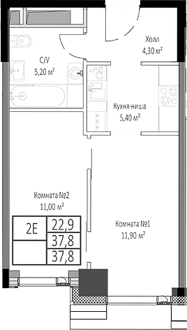 2-комн., 37.8 м², 28/35 этаж, ЖК «Мираполис»