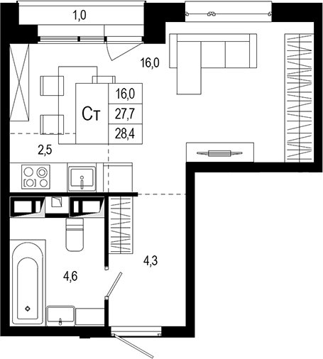 Студия, 27.7 м², 7/8 этаж, ЖК «Новая Щербинка»