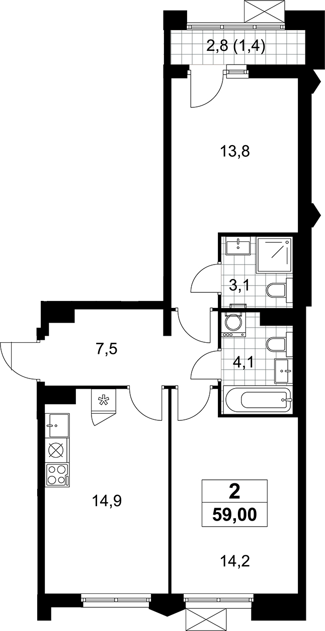 3-комн., 57.6 м², 10/14 этаж, ЖК «Деснаречье»