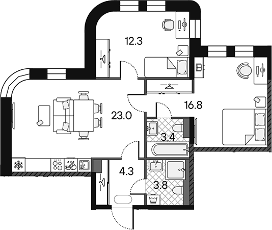 3-комн., 63.6 м², 9/12 этаж, ЖК «МАРК»