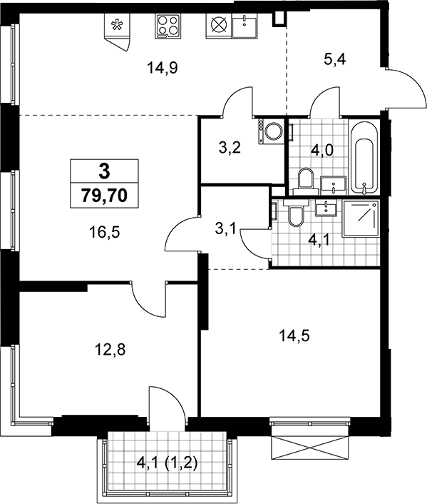 3-комн., 78.5 м², 2/21 этаж, ЖК «Дзен-кварталы»