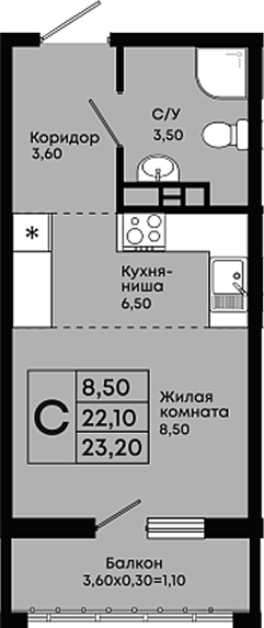 Студия, 22.1 м², 4/18 этаж, ЖК «Премьер»