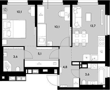 2-комн., 51 м², 12/18 этаж, ЖК «Грейд»