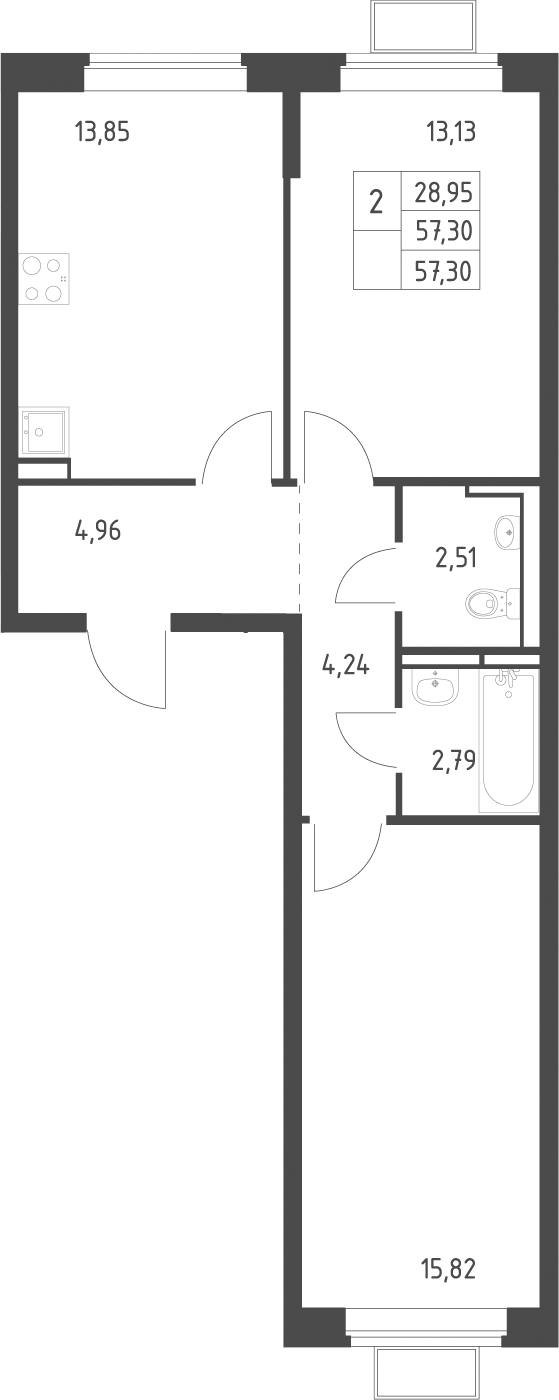 2-комн., 57.3 м², 7/12 этаж, ЖК «Новое Видное»