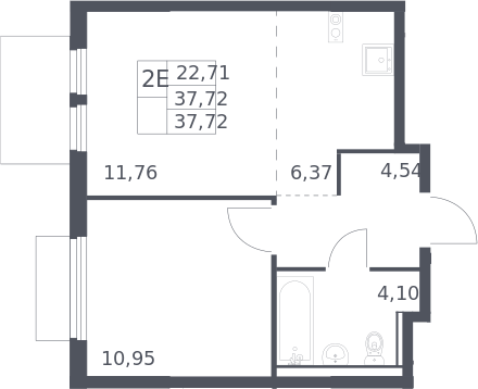 2-комн., 37.72 м², 16/17 этаж, ЖК «Пригород Лесное»