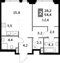 2-комн., 54.4 м², 2/42 этаж, ЖК «Сидней Сити»