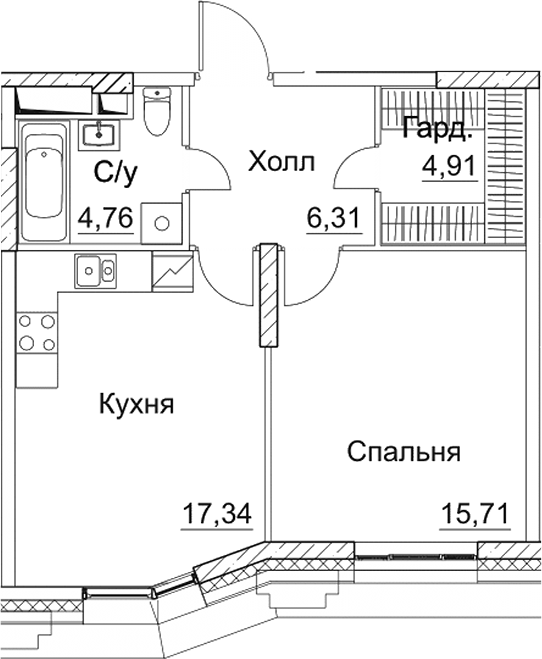 1-комн., 49.03 м², 4/15 этаж, ЖК «СЕЗАР СИТИ»