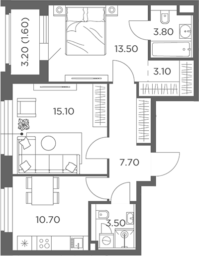 2-комн., 57.4 м², 12/17 этаж, ЖК «Белый Град»