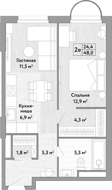 2-комн., 48 м², 10/13 этаж, ЖК «Новые Смыслы»