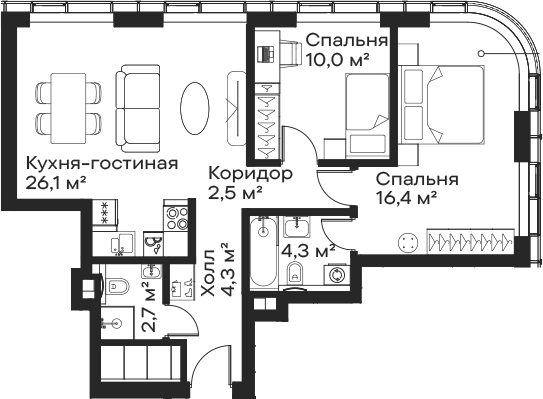 3-комн., 66.3 м², 39/59 этаж, ЖК «Сити Бэй»