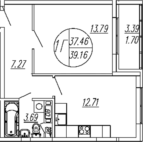 1-комн., 37.46 м², 1/4 этаж, ЖК «Шолохово»
