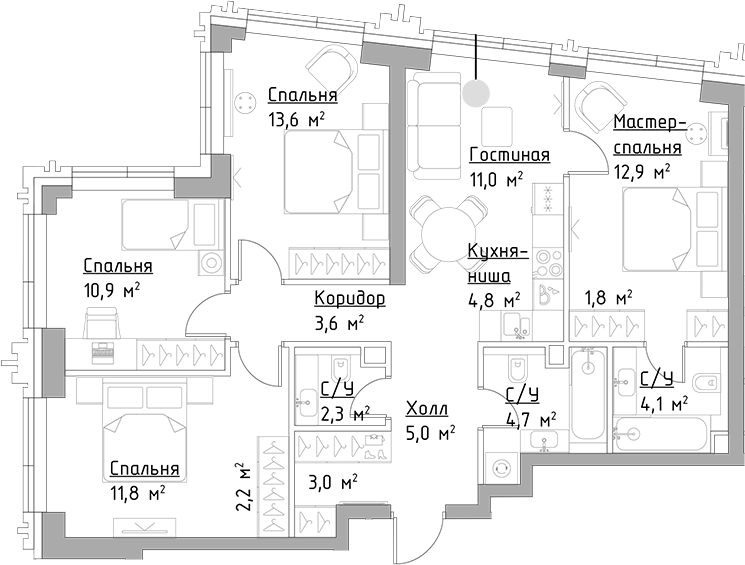 4+ комнаты, 91.7 м², 31/45 этаж, ЖК «Левел Павелецкая Сити»