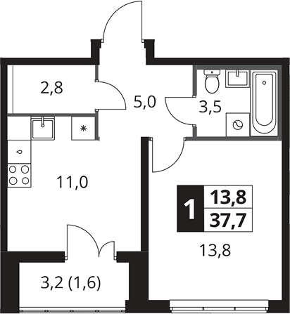1-комн., 36.1 м², 3/25 этаж, ЖК «1-й Южный»