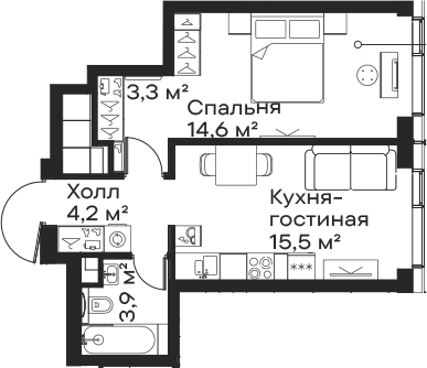 2-комн., 41.5 м², 55/59 этаж, ЖК «Сити Бэй»