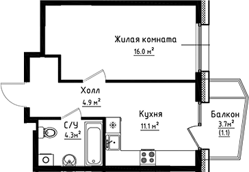 1-комн., 36.3 м², 3/6 этаж, ЖК «Коллекция»