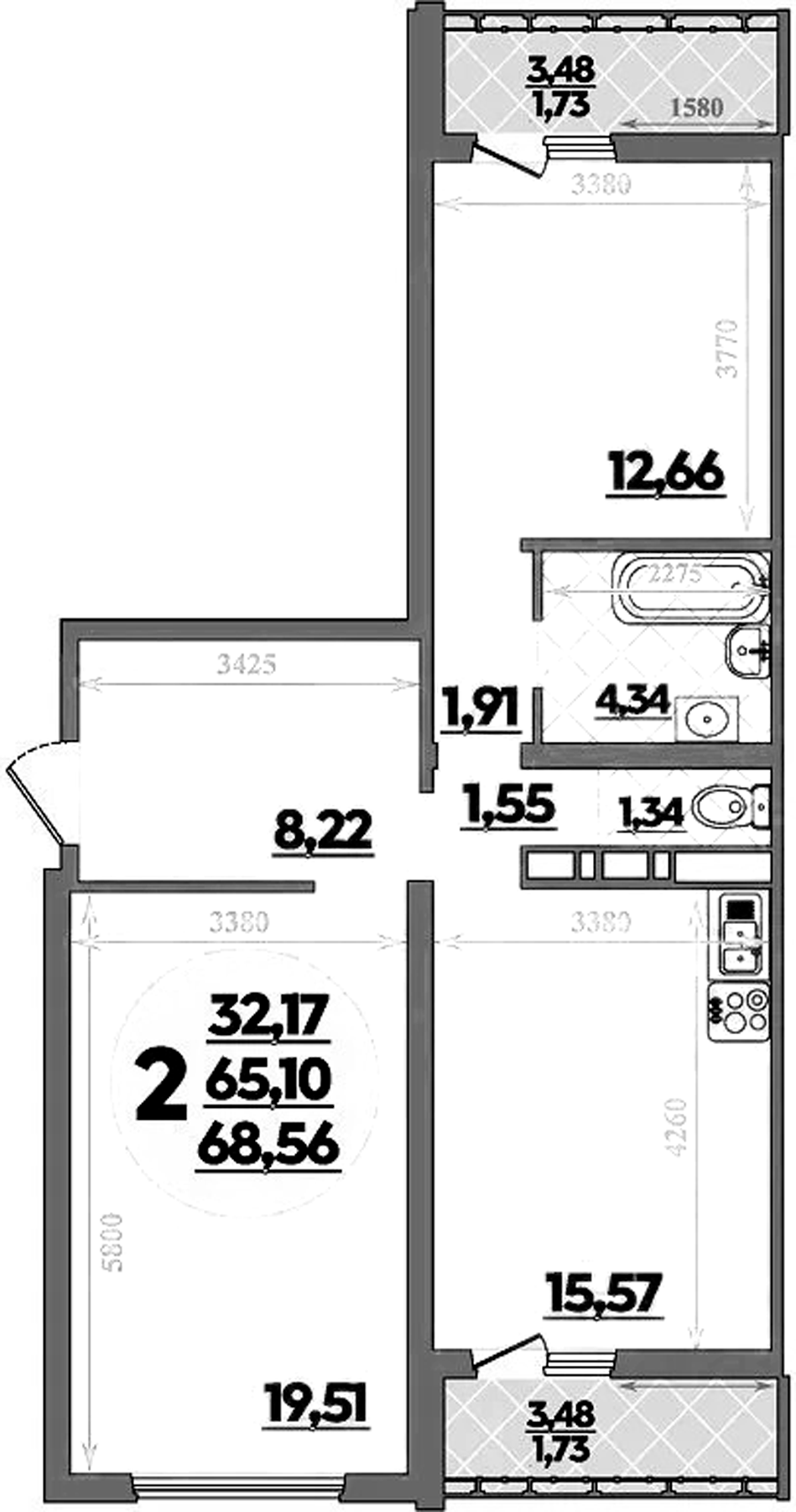 2-комн., 65.08 м², 8/9 этаж, ЖК «Предгорье Лаго-Наки»