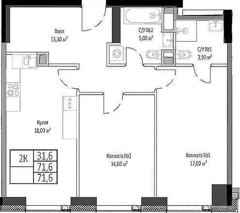2-комн., 71.6 м², 6/35 этаж, ЖК «Мираполис»