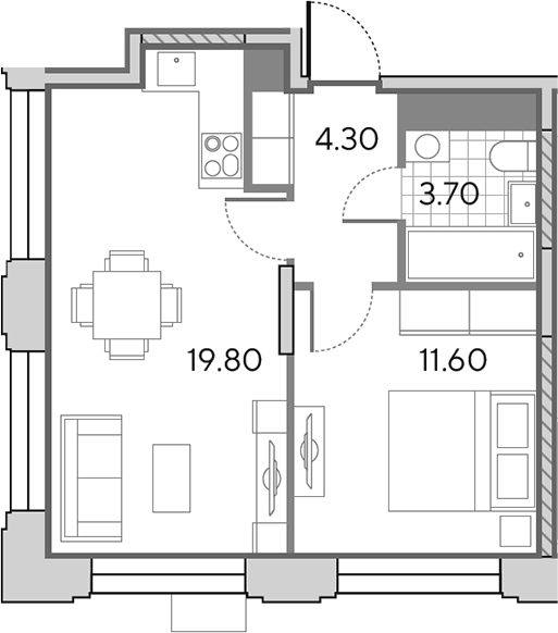 2-комн., 39.4 м², 9/9 этаж, ЖК «Вейв»