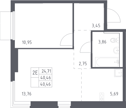 2-комн., 40.46 м², 17/17 этаж, ЖК «Пригород Лесное»