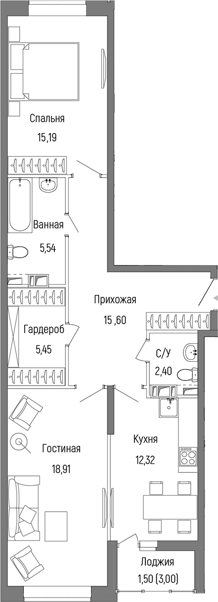 2-комн., 75.41 м², 5/9 этаж, ЖК «Рига Хиллс»