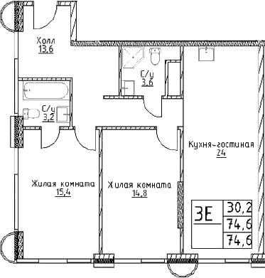 3-комн., 74.6 м², 27/29 этаж, ЖК «Наметкин Тауэр»