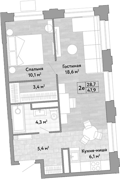 2-комн., 47.9 м², 27/27 этаж, ЖК «Новые Смыслы»