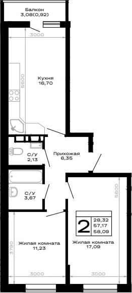 2-комн., 57.17 м², 8/16 этаж, ЖК «Горные высоты»