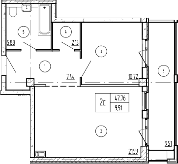 1-комн., 47.76 м², 7/9 этаж, ЖК «Лучи»