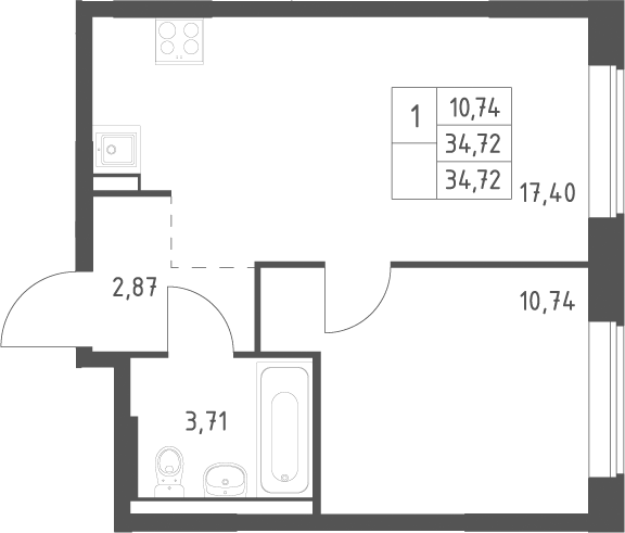 2-комн., 34.72 м², 2/12 этаж, ЖК «Большое Юрлово»