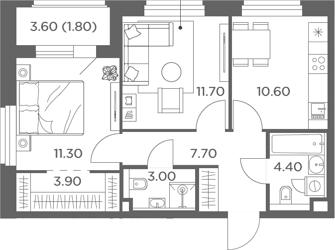 2-комн., 52.6 м², 11/12 этаж, ЖК «Белый Град»