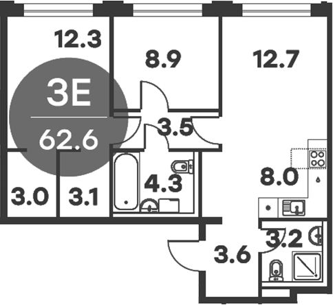 3-комн., 62.6 м², 4/6 этаж, ЖК «Равновесие»
