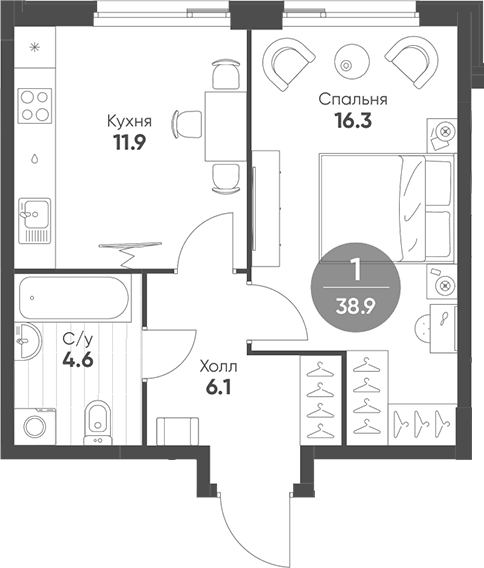 1-комн., 38.9 м², 5/27 этаж, ЖК «Шагал»