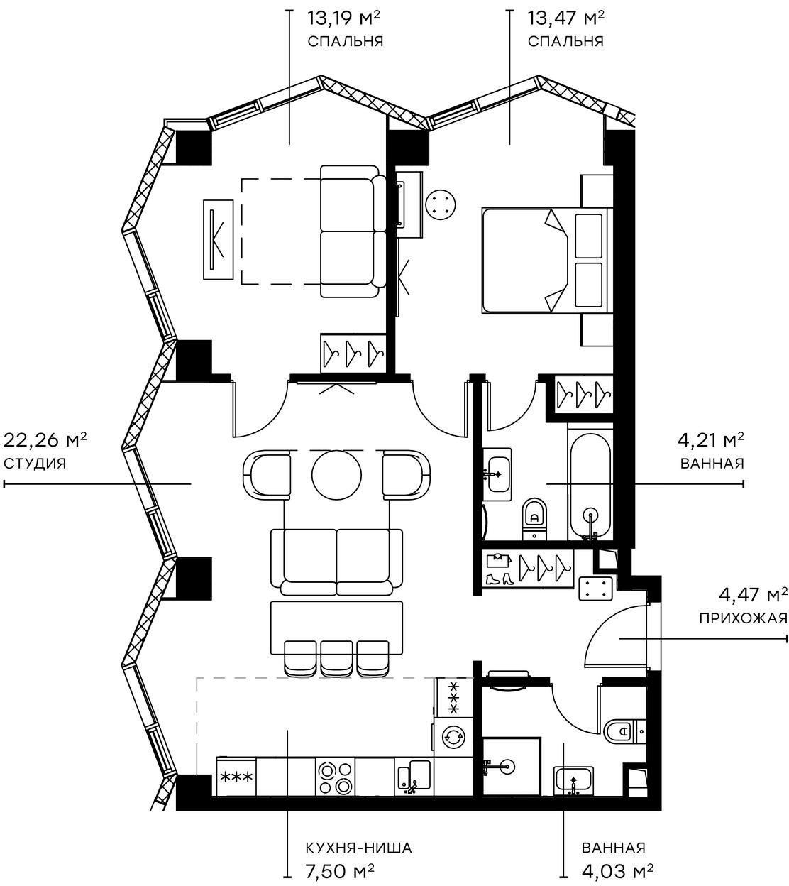 3-комн., 69.13 м², 9/49 этаж, ЖК «Симфония 34»