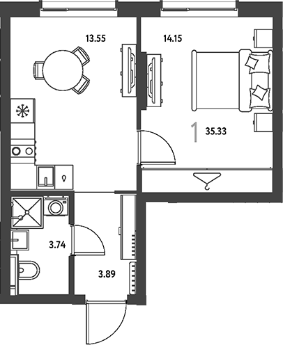 1-комн., 35.33 м², 19/19 этаж, ЖК «Страна.Парковая»