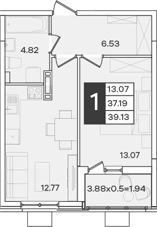 1-комн., 37.19 м², 4/9 этаж, ЖК «Сюжеты»