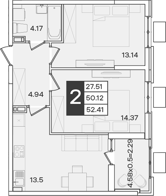 2-комн., 50.12 м², 8/9 этаж, ЖК «Сюжеты»