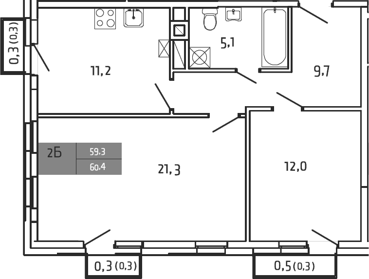 2-комн., 59.3 м², 2/4 этаж, ЖК «Южная Долина»