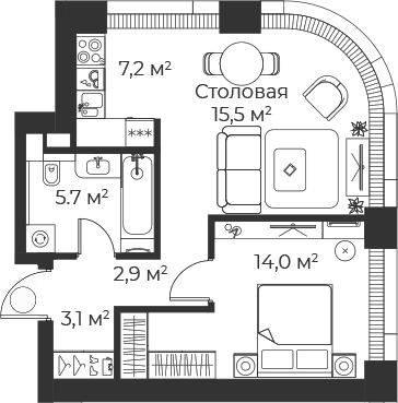 2-комн., 48.4 м², 2/35 этаж, ЖК «Веер»