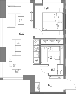 1-комн., 45.5 м², 12/20 этаж, ЖК «Северный Порт»