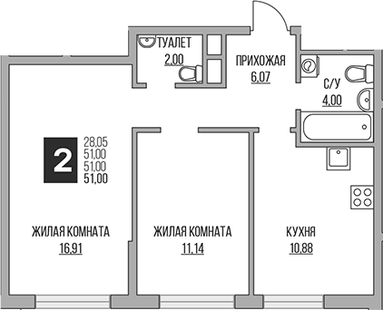 2-комн., 51 м², 3/14 этаж, ЖК «Гранель Притяжение Сити»