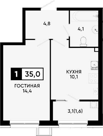 1-комн., 33.4 м², 1/14 этаж, ЖК «Квартал на курорте Моя Легенда»