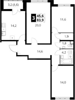 3-комн., 82.3 м², 2/22 этаж, ЖК «Южная Битца»